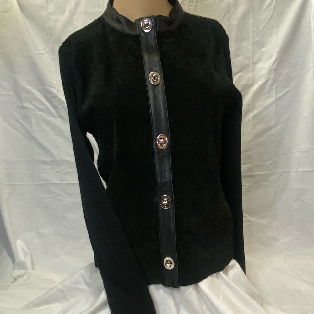 Sweater w/real leather trim,suede front,silk lined